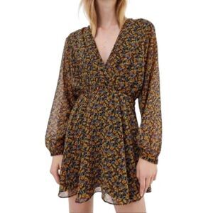 ZARA Gold & Black Floral Mini Dress Long Sheer Sleeve V-Neck BOHO Sz XS